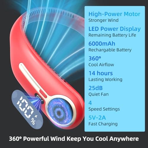 Portable Bladeless Neck Fan - USB Rechargeable - 6000 mAh - 360° Airflow - LED Display - 4 Speeds - Hands-Free Fan for Outdoor and Indoor Use - Gift — view 3