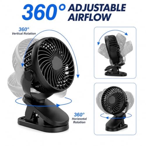 2 Pack USB Rechargeable Clip On Desk Fan, Portable Mini Cooling Fan with 3 Speed Settings, 360° Adjustable Head, Strong Clamp, Quiet Personal Fan for Office, Bedroom, Baby Stroller, Camping, Black — view 3