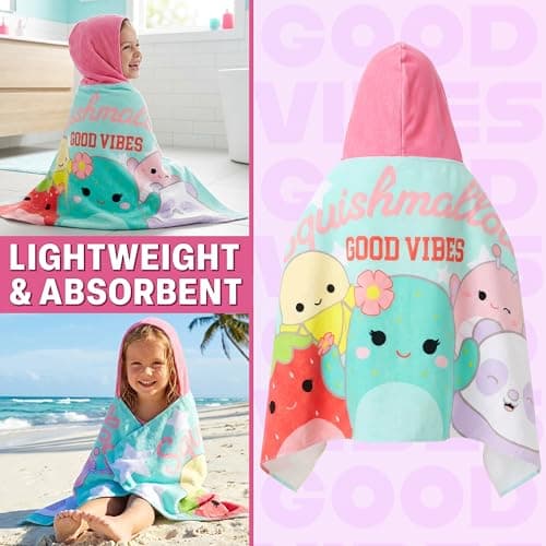 Squishmallows Hooded Towels for Girls, 100% Cotton Bath & Beach Towel Ponchos, Soft & Absorbent Kids Shower Swimming Wrap & Changing Robe, Pool, Travel & Holiday Essentials (Multi Squishmallows) — view 2