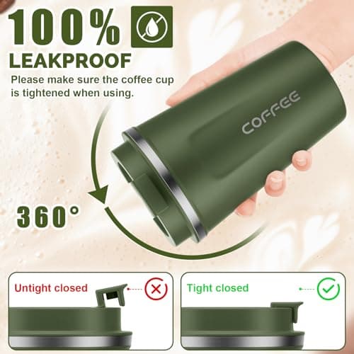 MOMSIV Coffee Cup, 380ml Vacuum Reusable Leakproof Double Wall Coffee Cup, Insulation Stainless Steel Eco-Friendly Travel Office Mug for Hot Coffee Tea and Cold Drinks (Green) — view 5