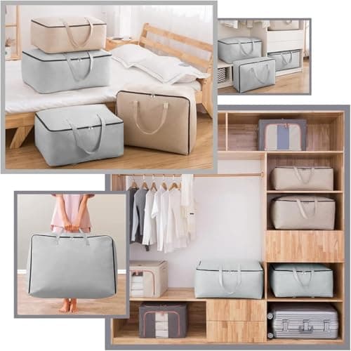 Pack of 2, Breathable Natural Cotton Canvas Soft Storage Bags with Handles & 3-side Zip, Good for Clothing Blankets Duvets Pillows Organizer in Wardrobe, Closet, Beige — view 5