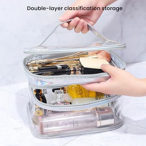 Clear Travel Toiletries Bag, Waterproof Toiletry Bags for Women and Men, Double- Layer Clear Makeup Bag with Handle,PVC Cosmetic Bag, Travel Accessories Wash Bag for Travel and Holiday (Silver) — view 4
