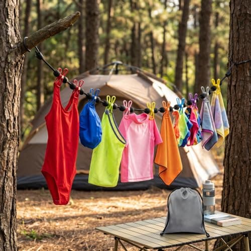Portable Travel Clothesline with 12 Colorful Random Clips & Gray Storage Bag, Adjustable Elastic Retractable Clothes Washing Line, Heavy Duty Windproof Clothes Line for Camping, Travel, Balcony — view 5