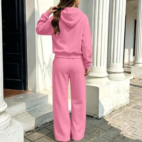 Slxbear Pink Girls 2 Piece Tracksuit Kids Zipper Hooded Tops Elastic Waist Trouser Outfits Long Sleeve Coat Wide Leg Pants Casual Sweatsets Solid Loose Soft Lightweight Travel Sets 13-14 Years — view 6