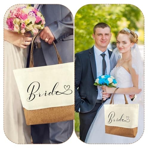 Tarklanda Bride Canvas Jute Tote Bag, Bridal Shower Wedding Bachelorette Bride Gifts Shoulder Bag, Shopping Bags for Wedding Day Engagement Proposal Hen Party Suitable for Travel Picnic Beach Holiday — view 2