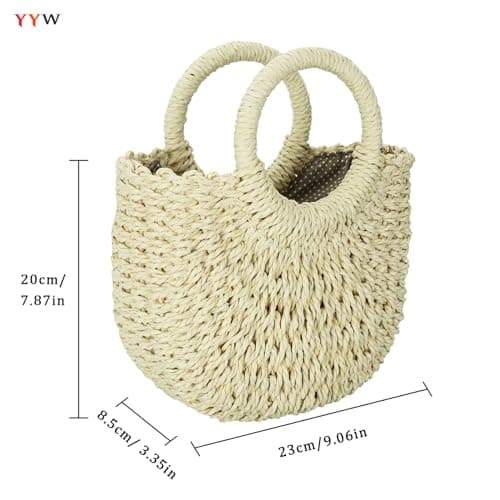 YYW Straw Bag Women Summer Beach Handwoven Casual Mini Tote Purse Beige — view 3