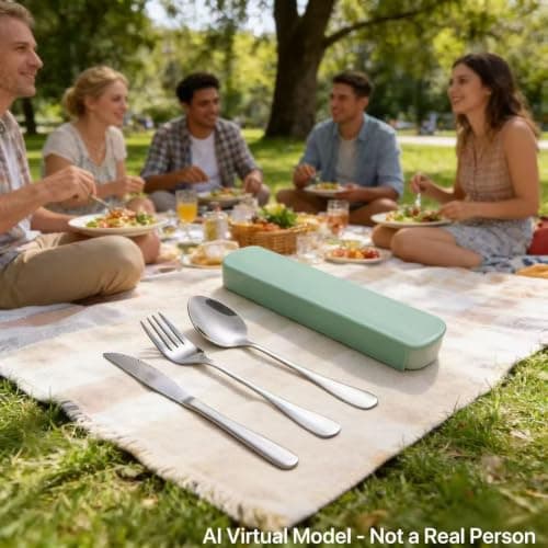 1-piece Travel Utensil Set, elegantutensil Set with Box, Green 3-piece Set (Knife, Fork, Spoon), Suitable for Camping, picnics, School, Office and Daily use, Reusable Travel Utensils — view 4