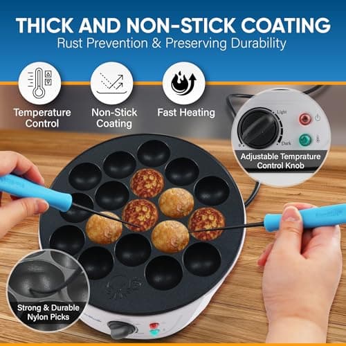 StarBlue Takoyaki Maker Machine with FREE Takoyaki Picks - Temperature Control 18 Holes Electric Pan for Japanese Octopus Balls 220V 60Hz 700W UK Plug with EU Adapter, SB-JC503 — view 2