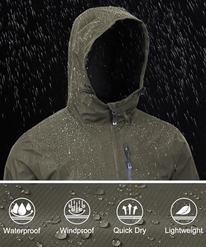 Huayuzh Mens Waterproof Jacket Men's Outdoor Jackets Lightweight Rain Coat Packable Windproof Softshell Hiking Camping Army Green M — view 3