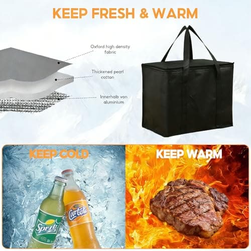2 Pack Insulated Cooler Bags, Medium Thermal Lunch Bag for Hot Food Delivery with Dual Zippers, Reusable Foldable Picnic Tote for Camping BBQ Beach Grocery Shopping (30x25x25cm Black) — view 4