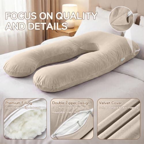 GRANDMA SHARK U-shaped Pregnancy Pillow, Full Body Maternity Pillow with Washable Velvet Cover for Back Hips Legs Support, Champagne — view 4