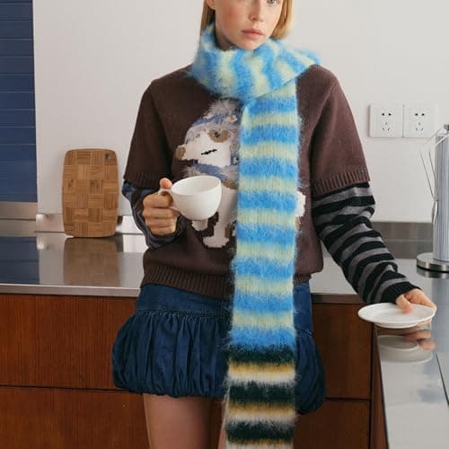 BABIBAOBEI Color Blocking Stripe Knit Scarf Soft Knitting Fabric Neckerchief Lightweight Unisex Winter Accessory for Family Travel Lightweight Travel Friendly Scarf — view 5
