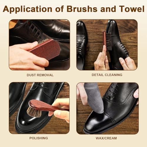 LYSSRA 4-Piece 100% Horse Hair Shoe Brush Kit Premium Dauber Applicators Leather Care Cleaning Set with Polishing Brushes and Cloth for Leather Suede Shoes Boots Bags Cars Cleaning Polishing — view 6