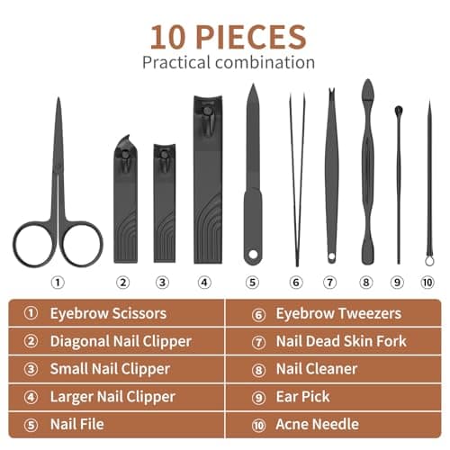 ZIZZON Travel Mini Manicure Set Nail Clipper Set 10 in 1 Stainless Steel Pedicure Care Grooming kit with Case (Black/Pink) — view 5