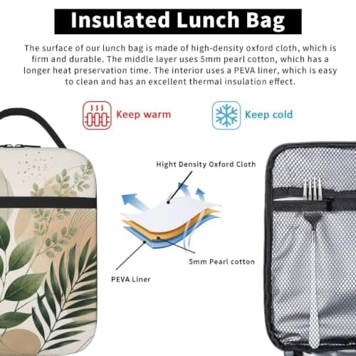 TOXOCMDKLE Insulated Lunch Bag for Men Women Organic Leaves Tote Bag — view 4