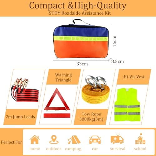 Houbobo Car Emergency Kit, 11PCS European Driving Travel Kits, Roadside Safety Tool Kit with Jump Leads, Warning Triangle, Hi-Vis Vest, Emergency Hammer, Tyre Pressure Gauge, Flashlight for Women Men — view 3