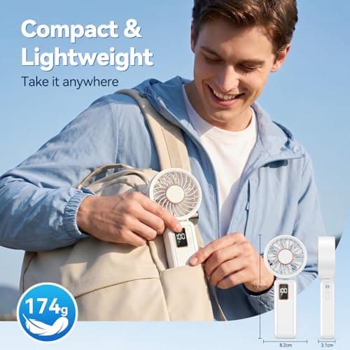 Handheld Fan, 5 Speed & 14H Cooling Portable Fan, 6000mAh USB Rechargeable Mini Fan with LED Display, Powerful but Quiet, Foldable Desk Fan, Lanyard for Neck Fan, Personal Fan for Travel/Office/Home — view 5