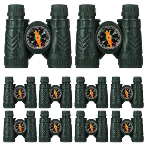 Kisangel 10pcs Kids Binoculars Multi Pack with Compass, Mini Pocket Telescope Set for Boys Girls, Black Lightweight Toy Binoculars for Birdwatching Outdoors, Childrens Camping Sightseeing
