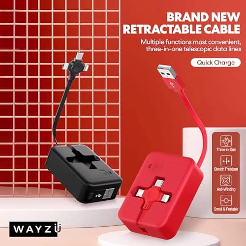 Wayzu® 3 in 1 Retractable Multi Charging Cable,Fast Charging USB Charger Cable with USB-C,iP,Micro USB Connectors,Portable Travel Charger Lead,Universal Phone Charging Cable for iPhone,Samsung,Tablets — view 4