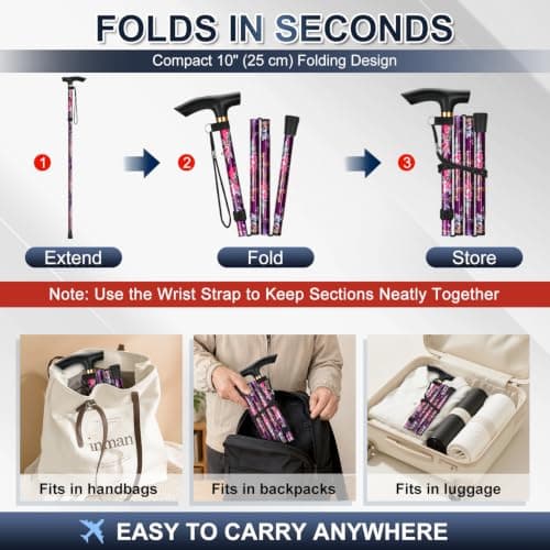 supregear Walking Stick - Adjustable Folding Walking Sticks for Women and Men - Lightweight Portable Collapsible Balancing Aid - Foldable Travel Cane for Ladies Elderly Adults, Purple Floral — view 4