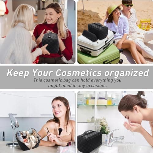 Large Capacity Makeup Bag - Women Waterproof Leather Cosmetic Bag, Portable Travel Purse Toiletry Bag Organizer, Multifunction Multi Layer Makeup Bag with Handle and Divider for Ladies Girls (Black) — view 6