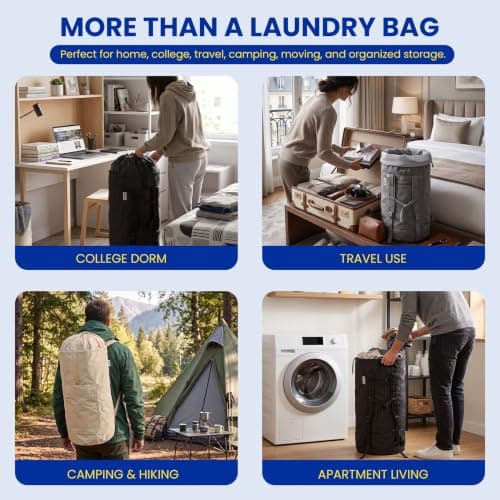 THRYZZLE Backpack Laundry Bag - 115L Large Heavy Duty travel Laundry Bag, Dirty Clothes Bag with Shoulder Straps, Hanging Laundry Hamper with Drawstring Closure for College Dorm, Apartment (Gray) — view 4