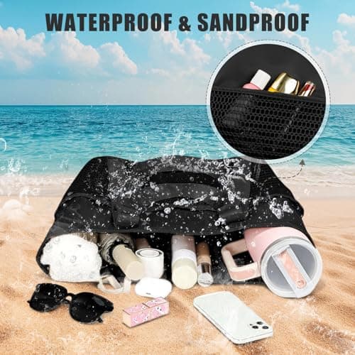 flintronic Large Beach Tote Bag, Waterproof Mesh Beach Bag, Pool Bag with Zip and Pockets for Swimming Pool, Holiday, Travel, Gym, Shopping (Black) — view 6
