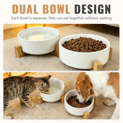 Ceramic Cat Bowls with Bamboo Stand, Double Elevated Pet Feeding Bowls, 400ml Each, Removable Non Slip Food and Water Bowls, Stable Base for Cats & Small Dogs, White (Set of 2) — view 3