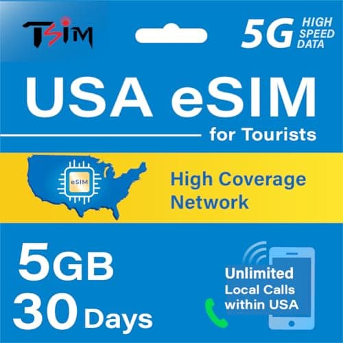 USA eSIM for Tourists 30 Days 5 GB Data on High Coverage Network | Unlimited Local Calls within USA | Get eSIM Same Day! | Hotspot and Tethering allowed
