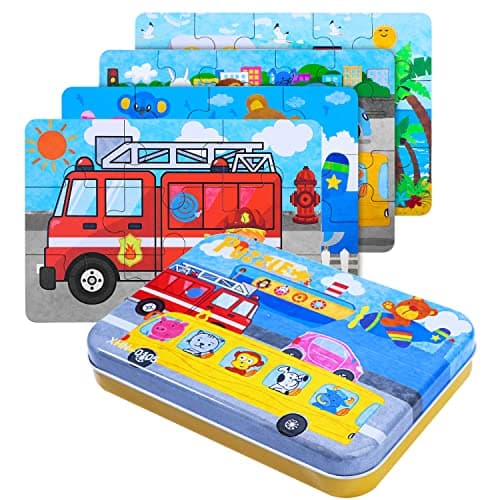 BBLIKE Puzzles Jigsaws for 2 3 4 Year Old - Pack of 4 Puzzles Toy in a Box for Age 2-5, Travel Games for on Plane Educational Learning Birthday Gift Present for Children Boys Girls (Transportation)