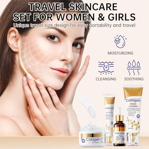 Collagen Skin Care Set, Anti Aging Skincare Set for Reduce Wrinkles, Shrink Pores, Smooth Fine Lines, Hydrating, 4 Pcs Travel Skincare Kits for Women with Cleanser, Serum, Cream, Eye Cream. — view 5