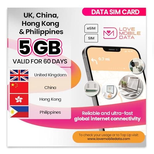 Love Mobile Data Only Sim Card - International Multi-Network 4G/5G Prepaid Pay As You Go Data Sim for Mobile Phones, WiFi Routers & More, UK, China, Hong Kong & Philippines - 5GB for 60 Days