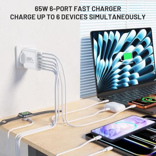 DGVERS 65W 6-Port Multi Charger UK Plug USB C Charger &3 Type-C and 3 USB-A — view 2