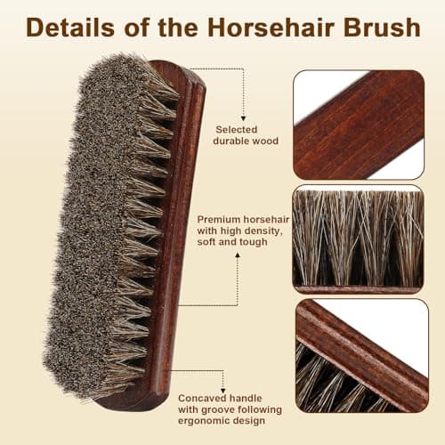 LYSSRA 100% Horsehair Brush Professional Premium Horsehair Shoe Brush Dauber Applicators for Leather Shoes Boots Coats Purses Soft Horsehair with Curved Wood Handle for Grip Leather Shine Polish — view 5