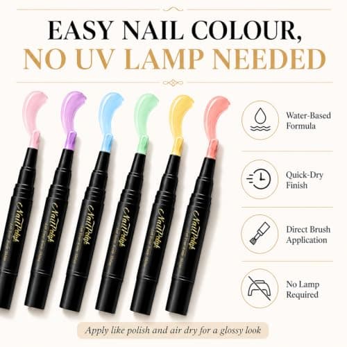 6PCS Nail Polish Pens Set - 3-in-1 One Step Quick Dry Nail Varnish Pens, Air Dry No UV Lamp, Pastel Pink Purple Blue Green Yellow Coral, Easy Nail Art Pens for Real Nails, DIY Manicure Home — view 5
