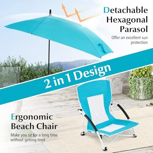 TANGZON Portable Beach Chair, Low Folding Camping Chair with Adjustable & Detachable Umbrella, Umbrella Clamp, Padded Armrests & Carry Bag, Lightweight Outdoor Seat for Picnic Fishing (1, Blue) — view 4