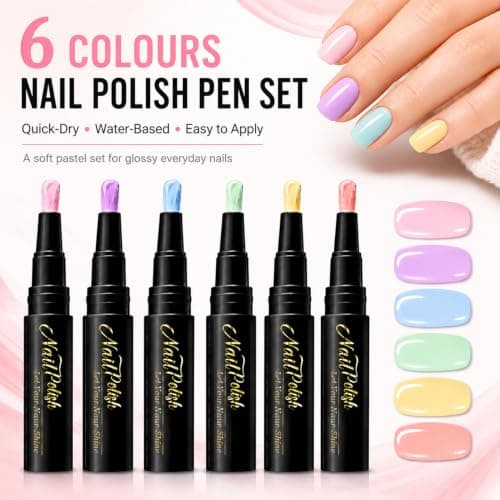6PCS Nail Polish Pens Set - 3-in-1 One Step Quick Dry Nail Varnish Pens, Air Dry No UV Lamp, Pastel Pink Purple Blue Green Yellow Coral, Easy Nail Art Pens for Real Nails, DIY Manicure Home — view 3