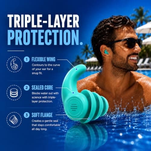 H20VIZ Pro Swim Ear Plugs | 3 Pairs | Waterproof, Reusable Silicone Earplugs for Swimming, Surfing, Snorkeling & All Water Sports (Green, Blue, Coral, 3 Pairs) — view 3