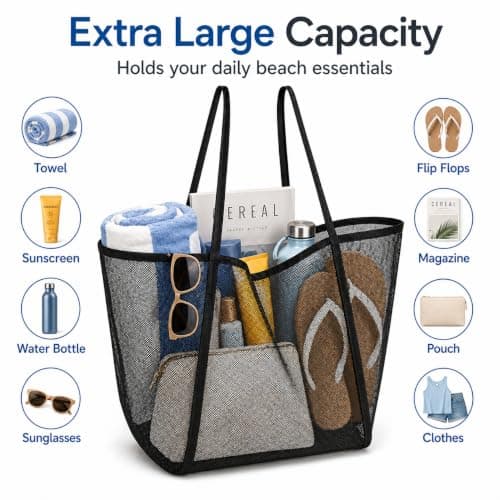 Crownflux Large Black Mesh Beach Bag for Men Women, Foldable Beach Tote — view 4