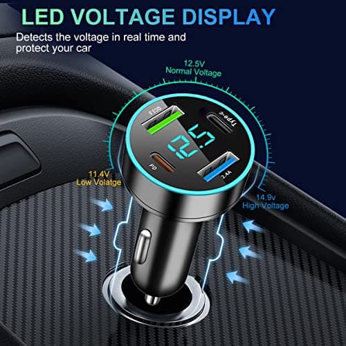 GemCoo 4 Port USB Car Charger Adapter 65W PD & Type-C & QC3.0 Cigarette Lighter USB Charger with LED Voltmeter Fast Charger Compatible with iPhone, Android, Samsung, iPad Pro — view 6