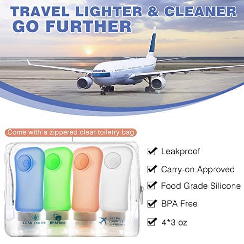 MoKo Travel Bottles 4 Pack, Leak Proof BPA Free & FDA Approved Refillable Cosmetic Toiletry Containers, Silicone Travel Bottles Set with Suction Cup for Shampoo Lotion Conditioner & More, 3.1 oz(89ml) — view 2
