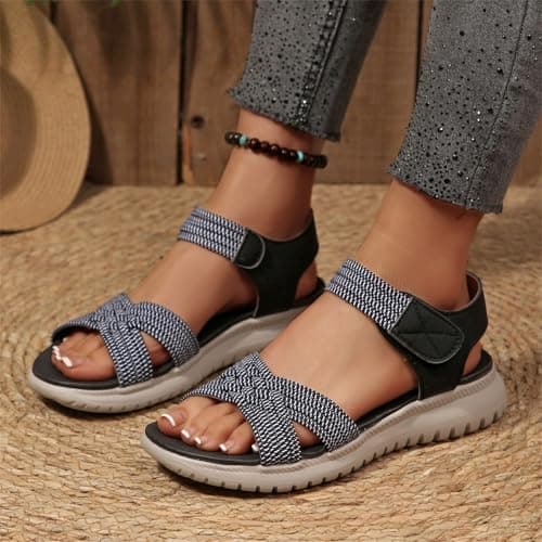 Sandals Women Wide Fit Adjustable Ankle Strap Open Toe Comfort Summer Ladies Shoes Casual Holiday Walking Sports (Z02 Blue, 6) — view 2