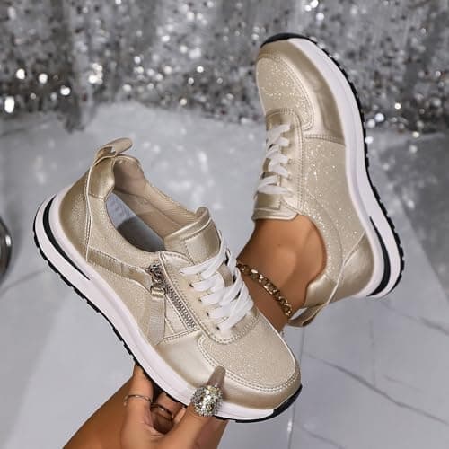 2026 Women's Trainers, Zip, Decoration, Leather, Lace-Up Shoes, Comfortable, Thick-Soled, Casual Shoes, Rose Gold, 6 UK — view 4