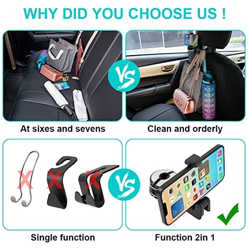 URAQT 2 Pack Car Back Seat Hook, 2 in 1 Car Headrest Hidden Hook, Car Storage Hooks Back Seat Headrest Hanger, Headrest Bracket Purse Holder Hooks for Phone, Purses, Toys, Groceries, and Bags — view 6