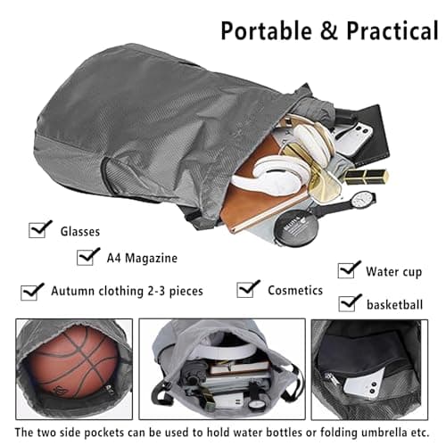 Toced Drawstring Bag, Unisex Large Sports Backpack String Drawstring PE Bags, Sport Gym Sack have Two Side Pockets, Travel Beach Swim School Bag with Waterproof (Grey) — view 4