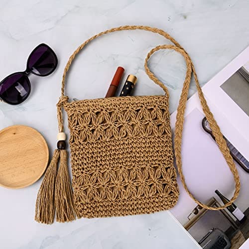 Straw Bag for Women, Summer Beach Straw Purse with Tassel, Weave Handmade Single Crossbody Bag with Zipper, Bohemian Shoulder Purse for Summer Beach Travel — view 6