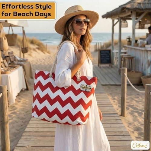 Octave Summer Beach Bag For Women – Ombre Two Tone Cotton Canvas Drawstring Tote Bag, Large Lightweight Holiday Shoulder Shopper, One Size (Red & White) — view 3