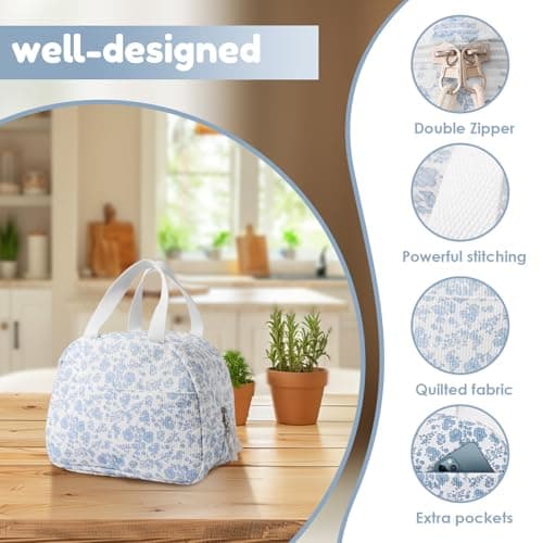Lunch Bag for Women Thermal Insulated Cooler Lunch Bags Adults Kids Packed Lunch Box Tote Bag Leakproof Reusable Meal Prep Container for Work School Picnic Travel Beach(Blue Flower Print) — view 3