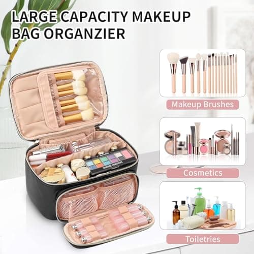 Large Makeup Bag Travel Cosmetic Bag with Makeup Brushes Compartment Black — view 4
