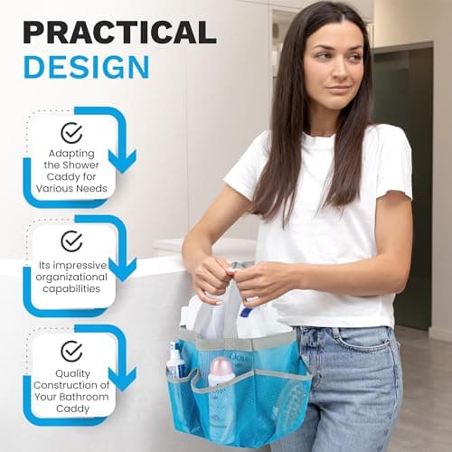 Handy Laundry Mesh Shower Caddy - 7 Pocket Portable Bathroom Organizer Tote for Travel, Gym & Dorm - Collapsible Small Shower Caddy Bag to Hold Toiletries & Essentials (Blue) — view 4